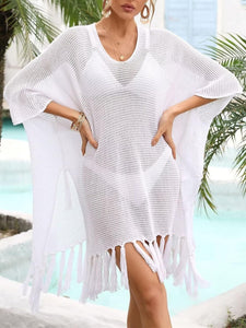 Crochet Knit Green Tassel Loose Style Cover Up Dress