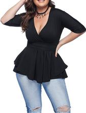 Load image into Gallery viewer, Plus Size Black V Neck Peplum Wrap Kimono Blouse