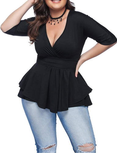 Plus Size Black V Neck Peplum Wrap Kimono Blouse