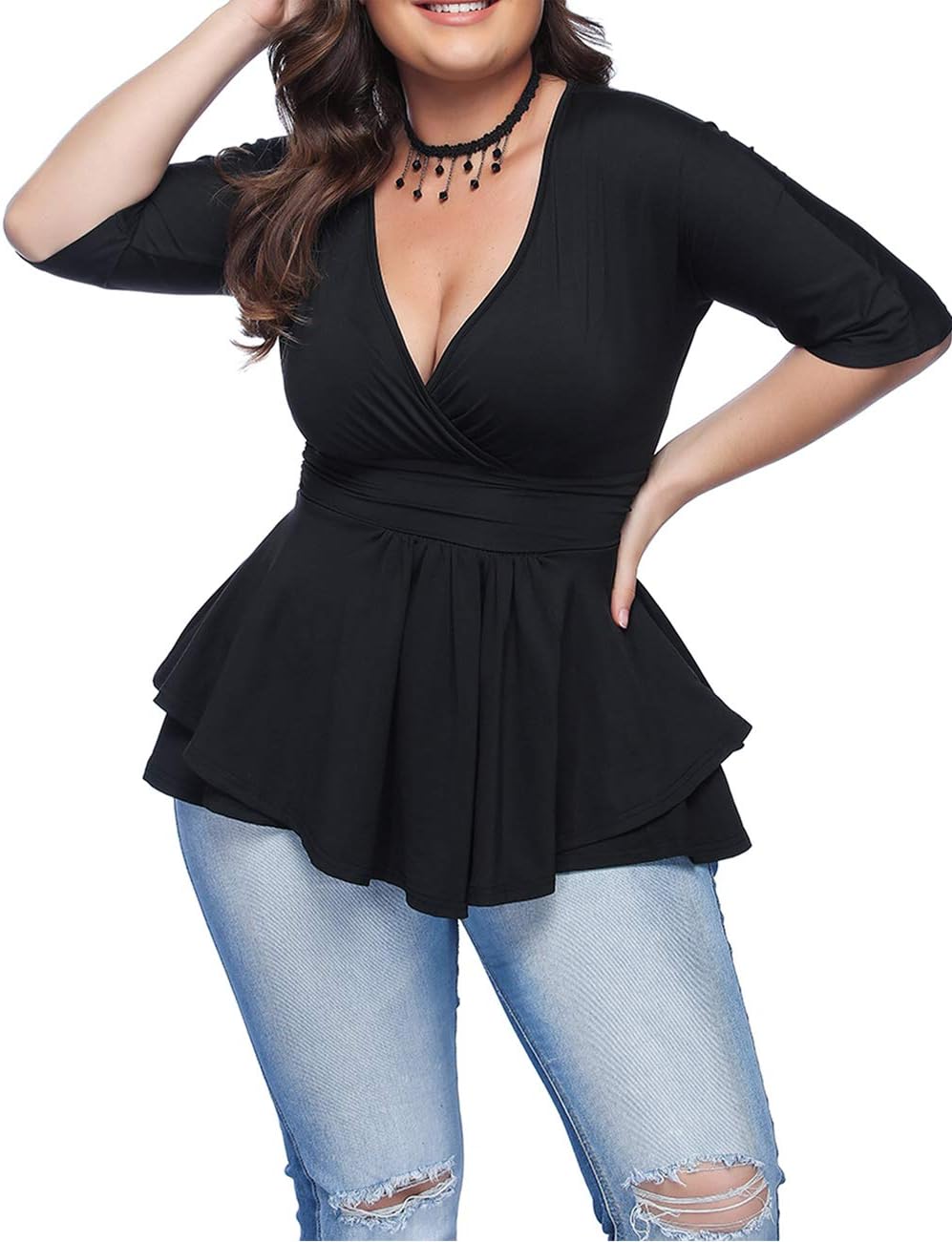 Plus Size Black V Neck Peplum Wrap Kimono Blouse