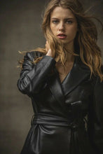 Load image into Gallery viewer, Stylish Black Lambskin Leather Belted Long Sleeve Jacket