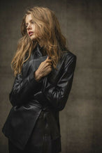 Load image into Gallery viewer, Stylish Black Lambskin Leather Belted Long Sleeve Jacket