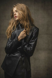 Stylish Black Lambskin Leather Belted Long Sleeve Jacket