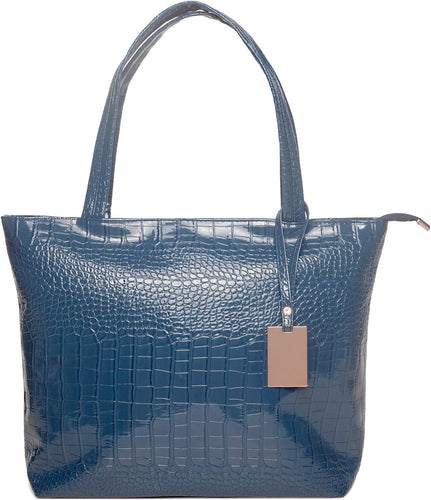 Fashionable Blue Crocodile Printed Tote Style Handbag