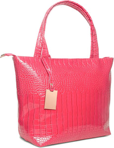Fashionable Coral Pink Crocodile Printed Tote Style Handbag