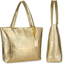 Load image into Gallery viewer, Fashionable Gold Crocodile Printed Tote Style Handbag
