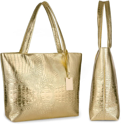 Fashionable Gold Crocodile Printed Tote Style Handbag