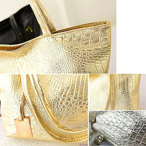 Fashionable Gold Crocodile Printed Tote Style Handbag