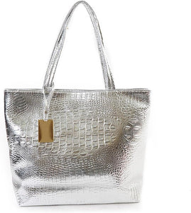 Fashionable White Crocodile Printed Tote Style Handbag