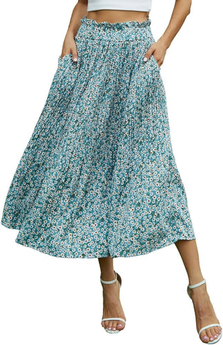 Ruffled Waist Turquoise Floral Printed Midi Skirt