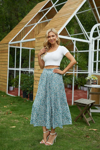 Ruffled Waist Turquoise Floral Printed Midi Skirt