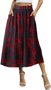 Ruffled Waist Turquoise Floral Printed Midi Skirt