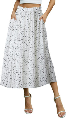 Ruffled Waist White Polkadot Printed Midi Skirt
