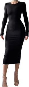 Sleek Black Long Sleeve Pencil Style Midi Dress