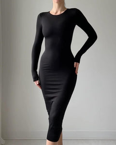 Sleek Black Long Sleeve Pencil Style Midi Dress