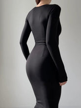 Load image into Gallery viewer, Sleek Black Long Sleeve Pencil Style Midi Dress