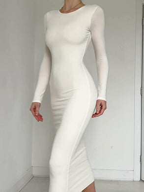 Sleek White Long Sleeve Pencil Style Midi Dress