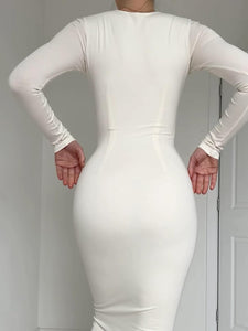 Sleek White Long Sleeve Pencil Style Midi Dress