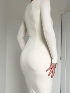 Sleek White Long Sleeve Pencil Style Midi Dress