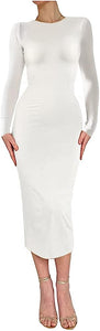 Sleek White Long Sleeve Pencil Style Midi Dress