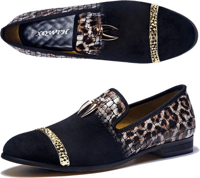 Mens Luxury Leopard Embroidery Spiked Slip on Leather Dress Shoes