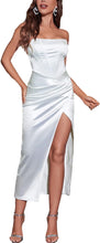 Load image into Gallery viewer, Satin White Strapless Cocktail Midi Dress