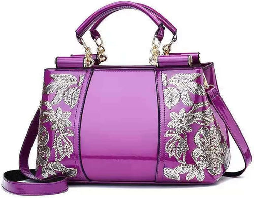 Metallic Studded Purple Top Handle Luxury Embroidered Handbag