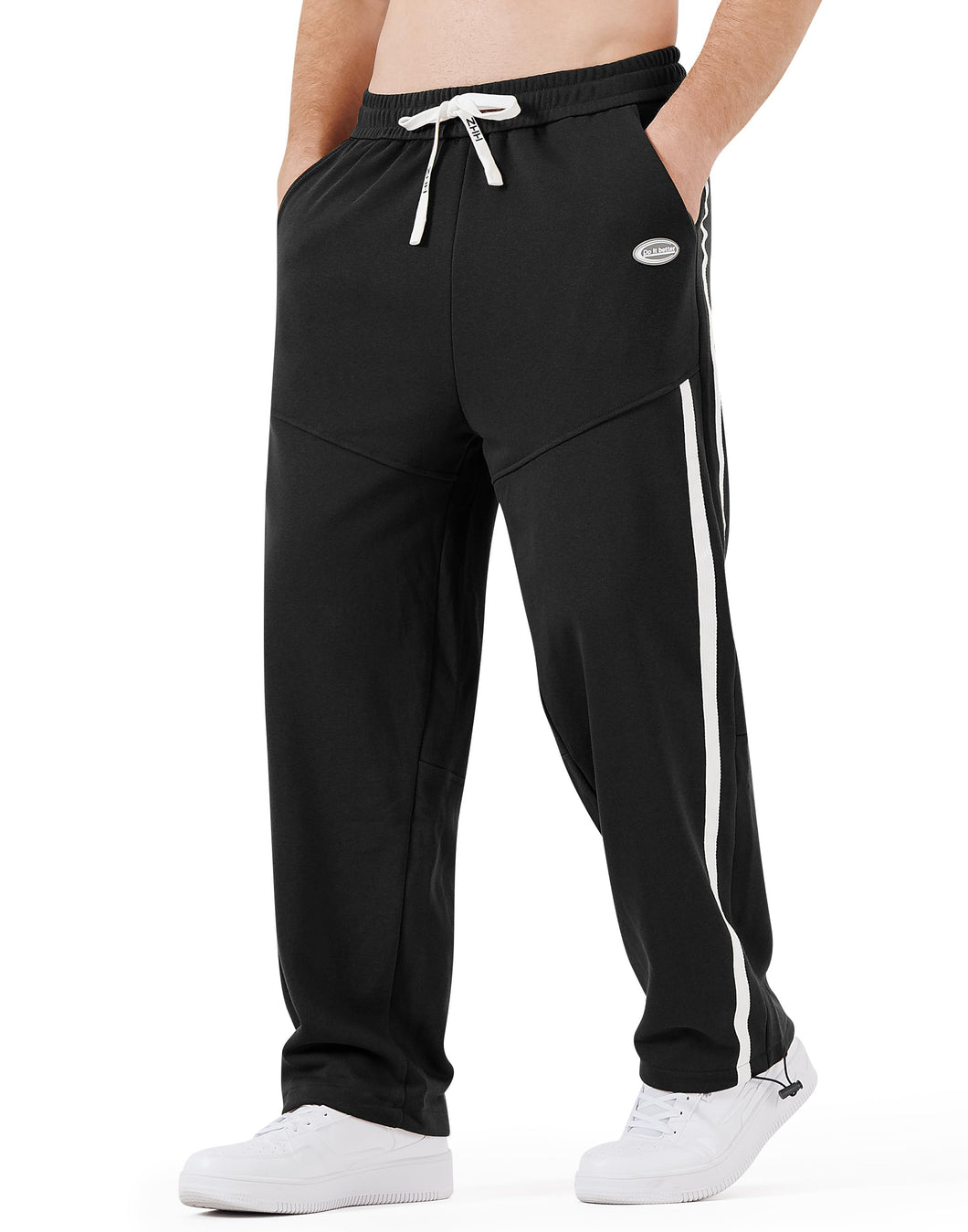 Men's Black Side Striped Comfy Knit Drawstring Sweatpants