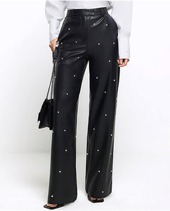 Pearl Embellished Black Faux Leather Pants