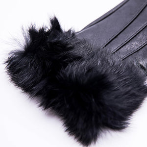 Women's Real Leather Burgundy Red Flat Winter Gloves w/Rabbit Fur Cuffs