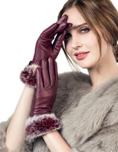 Load image into Gallery viewer, Real Leather Black Flat Winter Gloves w/Rabbit Fur Cuffs