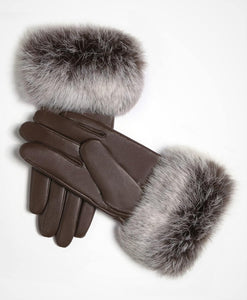 Women's Real Leather Burgundy Red Flat Winter Gloves w/Rabbit Fur Cuffs