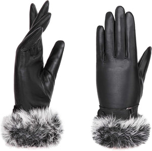 Real Leather Black Flat Winter Gloves w/Rabbit Fur Cuffs