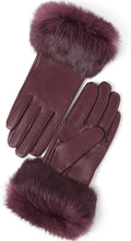 Load image into Gallery viewer, Women&#39;s Real Leather Burgundy Red Flat Winter Gloves w/Rabbit Fur Cuffs