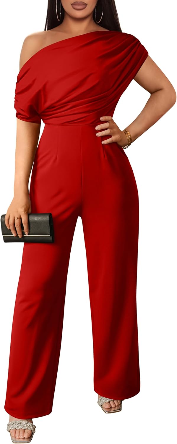 Red Draped Asymmetrical Jumpsuit