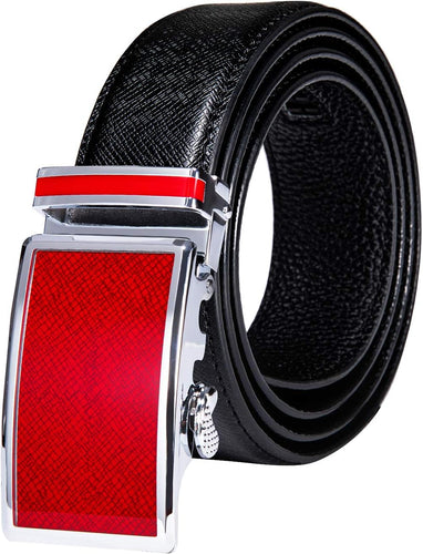 Men's Black Red Buckle Genuine Leather Belt