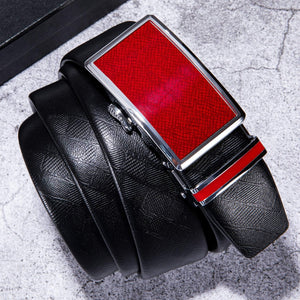 Men's Black Red Buckle Genuine Leather Belt
