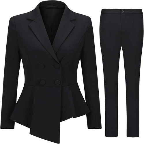 Business Black Asymmetrical Peplum 2pc Business Blazer & Pants Set