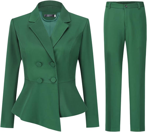 Business Green Asymmetrical Peplum 2pc Business Blazer & Pants Set