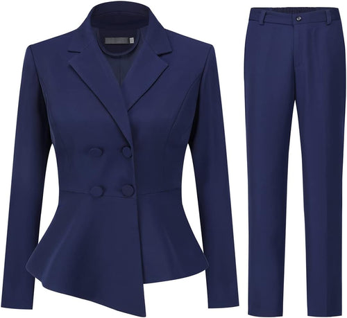 Business Navy Blue Asymmetrical Peplum 2pc Business Blazer & Pants Set