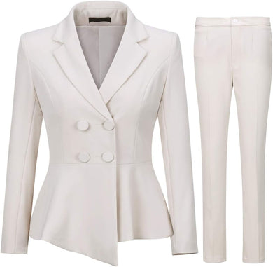 Business White Asymmetrical Peplum 2pc Business Blazer & Pants Set