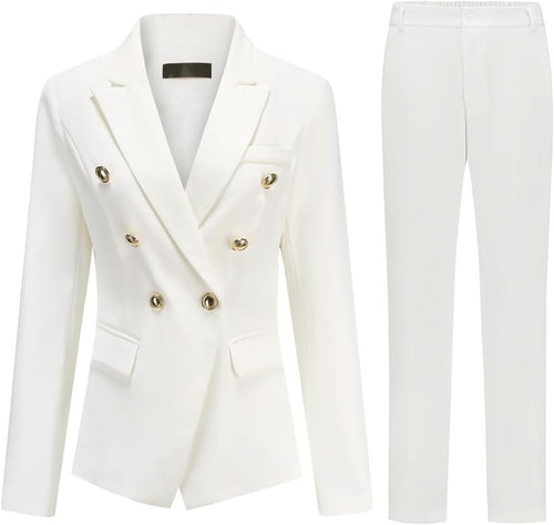 White Double Breasted Women's 2pc Business Blazer & Pants Set