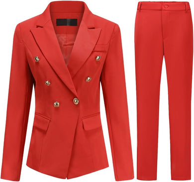 Red Double Breasted Women's 2pc Business Blazer & Pants Set