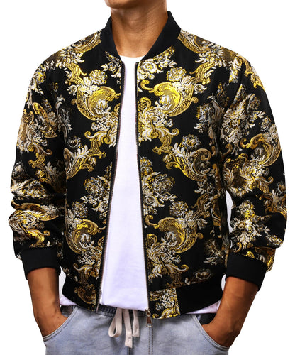 Gold/Black Floral Men's Designer Style Printed Bomber Jacket