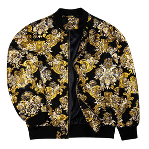 Gold/Black Floral Men's Designer Style Printed Bomber Jacket