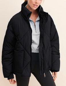 Black Quilted Hooded Long Sleeve Puffer Coat