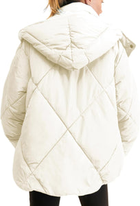 Beige Quilted Hooded Long Sleeve Puffer Coat