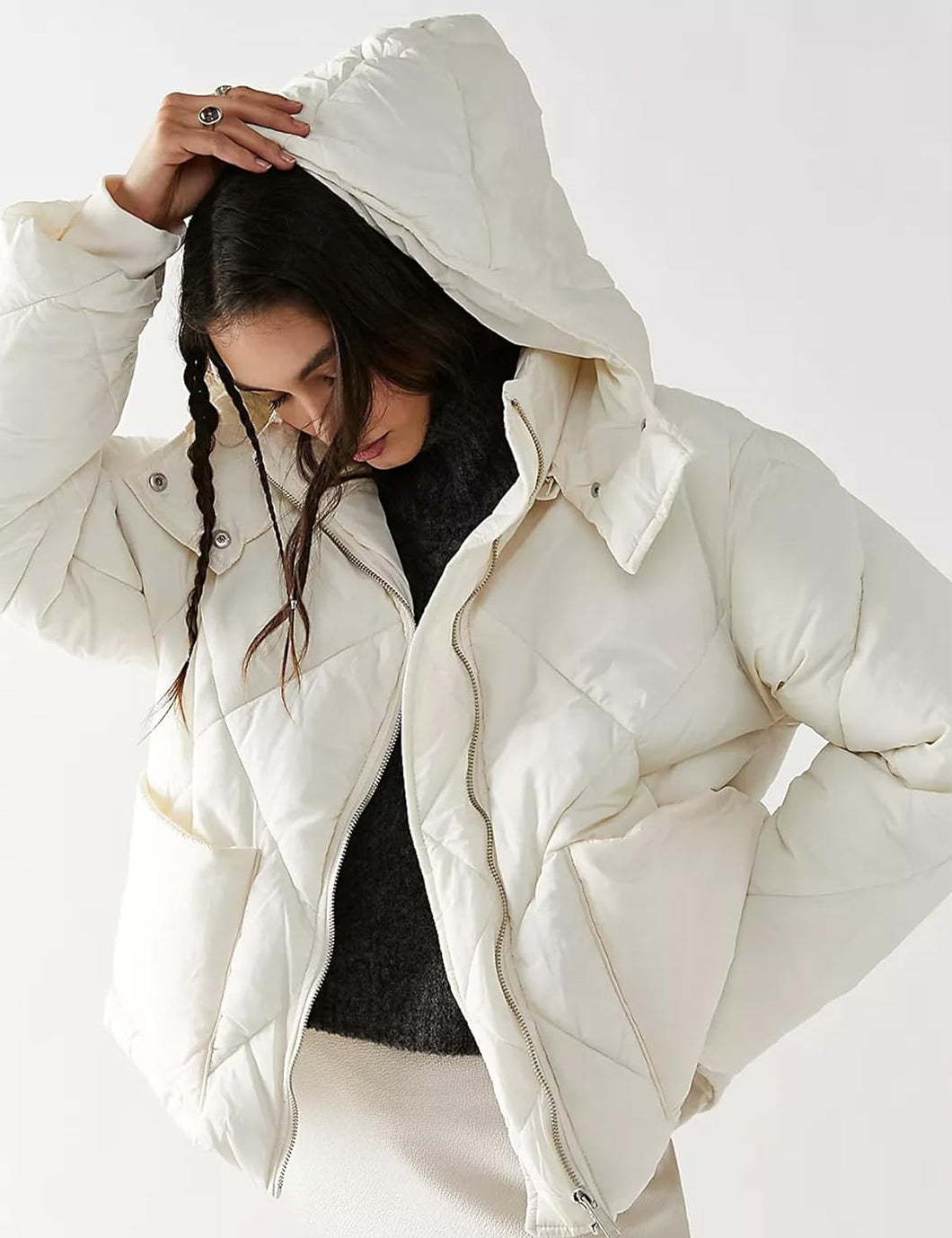 Long beige puffer coat with online hood