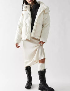 Beige Quilted Hooded Long Sleeve Puffer Coat