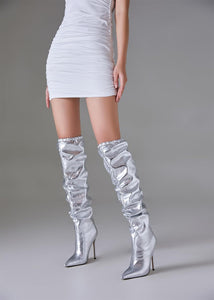 Shiny Silver Metallic Knee High Ruched Stiletto Boots